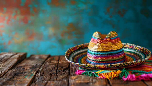 Photo mexican sombrero hat on old wooden table with colorful background