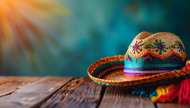 Mexican sombrero hat on old wooden table with colorful background