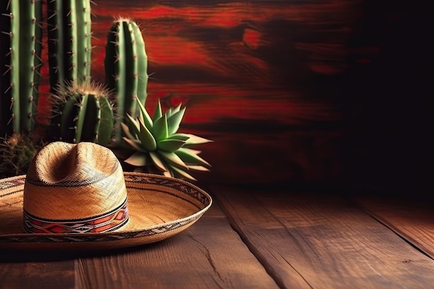 Photo mexican sombrero hat with cactus and copy space for text for cinco de mayo and dia de muertos