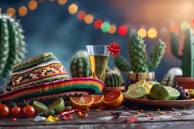 Photo mexican sombrero hat with tequila and cacti