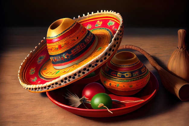 Mexican sombrero maracas and chili peppers on color background Generative Ai