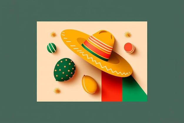 Mexican sombrero maracas and chili peppers on color background