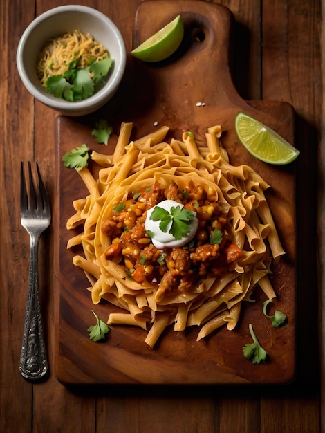 Mexican spicy chicken pasta on a wooden board