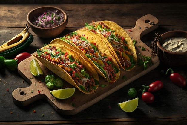 맛있는 홈메이드 멕시칸 스파이시 스낵 타코 야채가 가득한 타코는 인기 있는 멕시코 음식입니다.