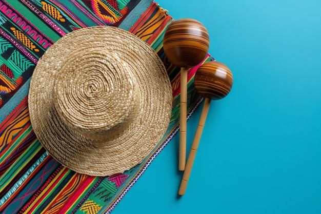 mexican straw hat and maracas blue studio background top