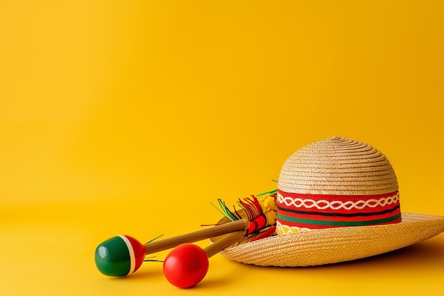 mexican straw hat and maracas yellow studio