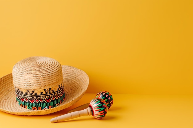 mexican straw hat and maracas yellow studio