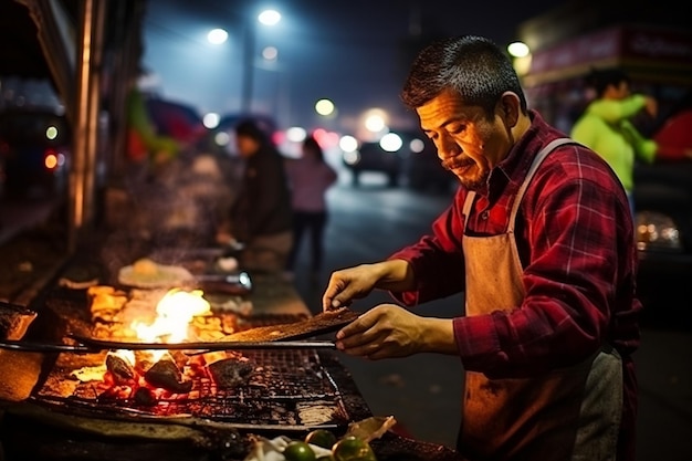 A Mexican street food vendor grilling up spicy carne asada tacos