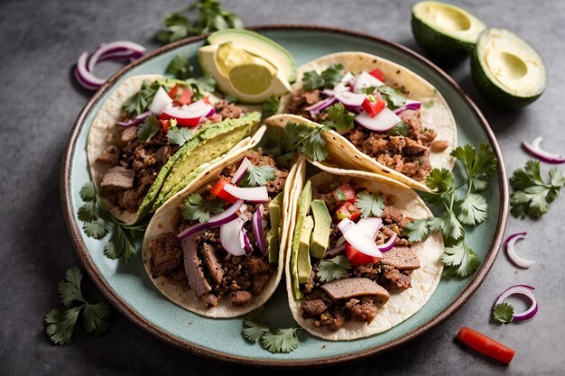 Mexican street tacos flat lay composition with pork carnitas avocado onion cilantro and red cabbaget