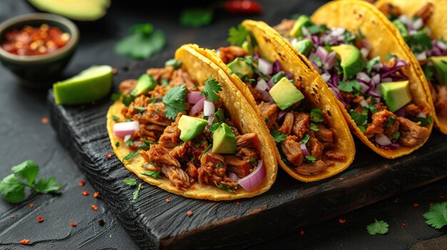 Foto tacos di strada messicani composizione piatta con carne di maiale carnitas avocado cipolla cilantro