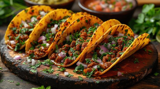 mexican street tacos flat lay composition with pork carnitas avocado onion cilantro