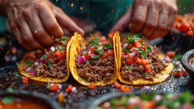 mexican street tacos flat lay composition with pork carnitas avocado onion cilantro