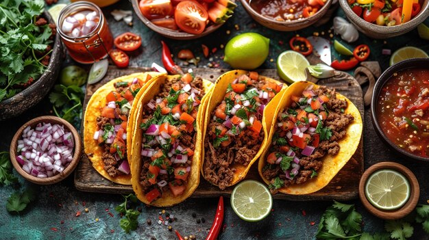 mexican street tacos flat lay composition with pork carnitas avocado onion cilantro