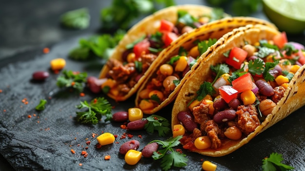 mexican street tacos flat lay composition with pork carnitas avocado onion cilantro