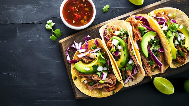 멕시코 스트리트 타코 (Mexican street tacos) 는 돼지고기 카니타스 (pork carnitas) 와 함께 평평한 구성입니다.