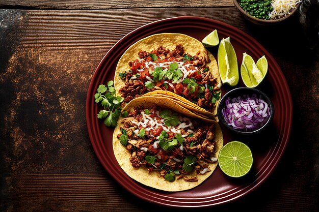 Mexican street tacos on a plate in copy space