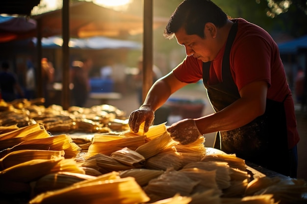 食品市場で新鮮なタマレを準備するメキシコの露天商