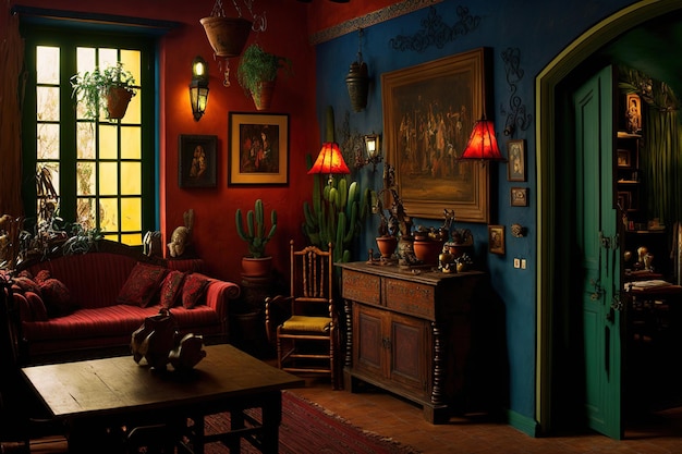 Mexican style living room with antique furniture and a dark vivid environment