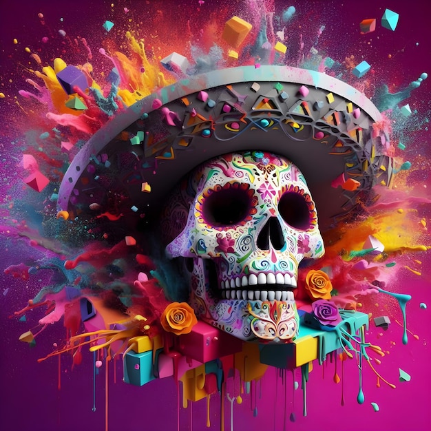 다채로운 페인트가 있는 멕시코 설탕 두개골에 3d 그림이 튀었습니다.