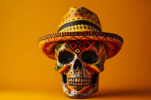 Photo mexican sugar skull with sombrero and hat on yellow background with copyspace