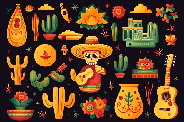 Photo mexican symbols cinco de mayo sombrero tequila cactus guitarcas cactus flowers