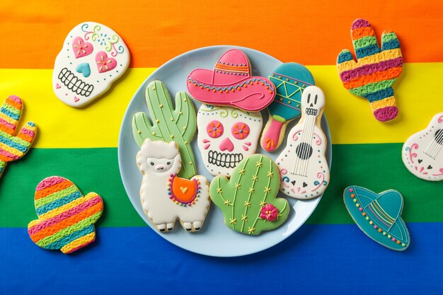 Mexican symbols in the form of gingerbread Day of death LGBT flag