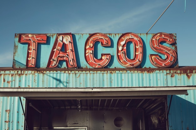 A mexican taco illuminated sign above a street food vendor truck