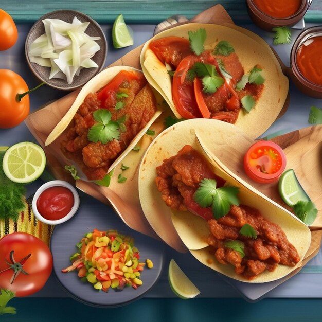 Mexican tacos closeup on a plate tomato chili sauce