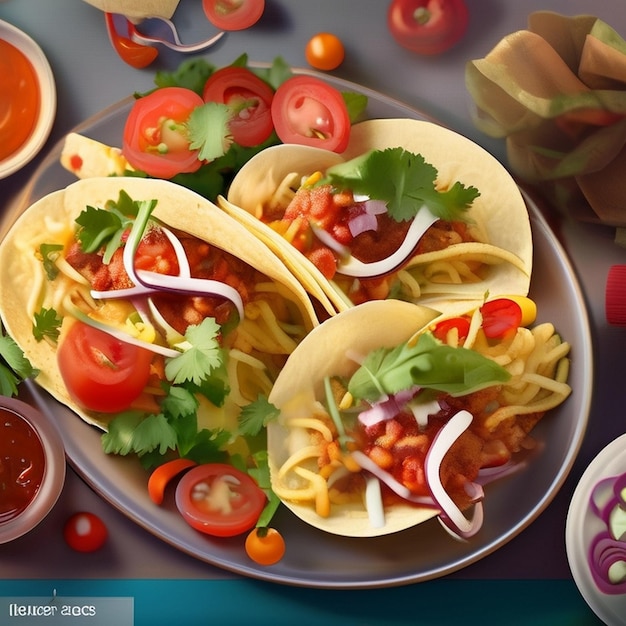 Мексиканские тако вблизи на тарелке томатный чили соус