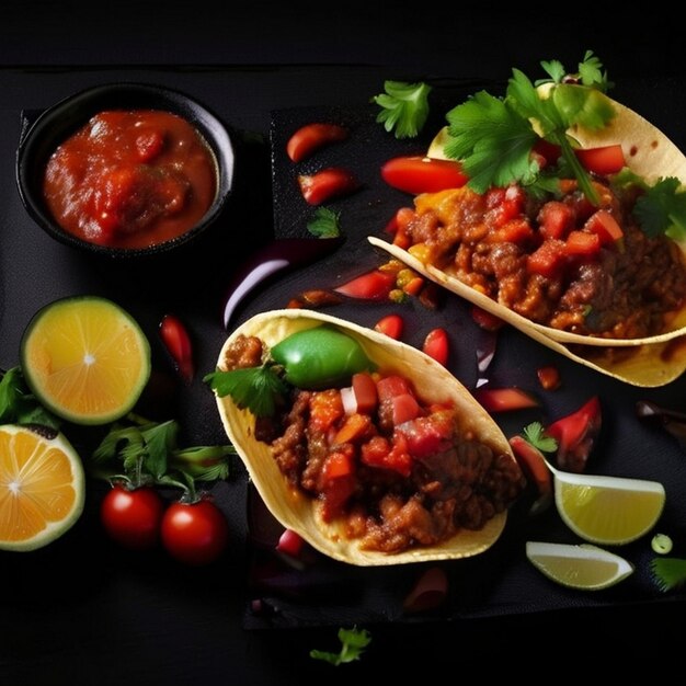 Mexican tacos closeup on a plate tomato chili sauce