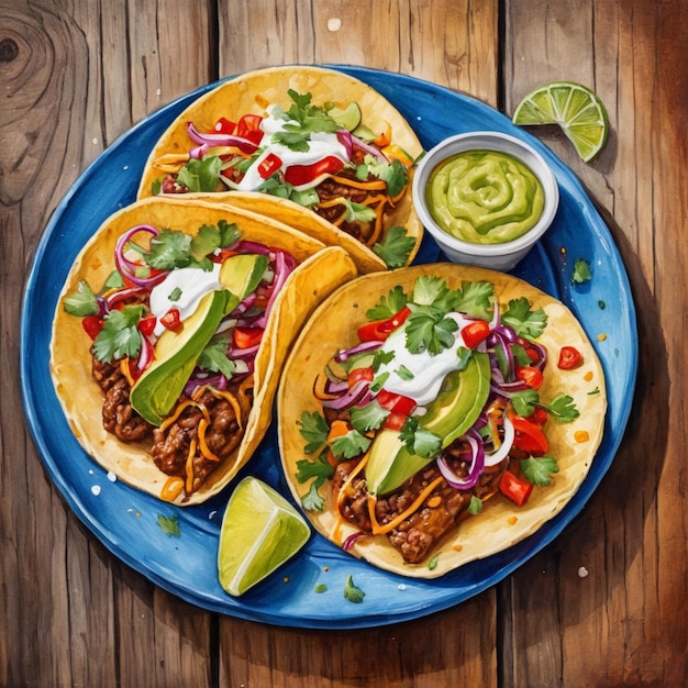 Mexican tacos food on wood artstyle watercolor