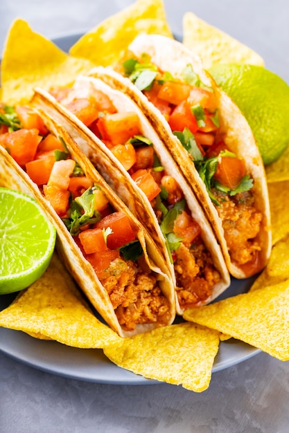 Mexican tacos and nacho chips on a plate