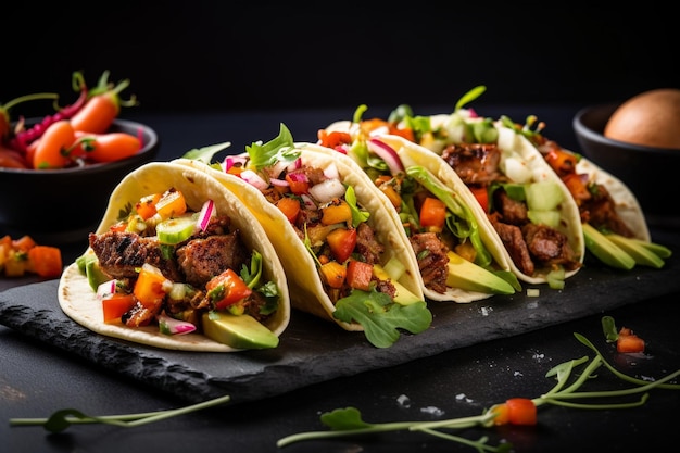 Mexican tacos with beef fresh vegetables and guacamole with salsa sauce on rusty background