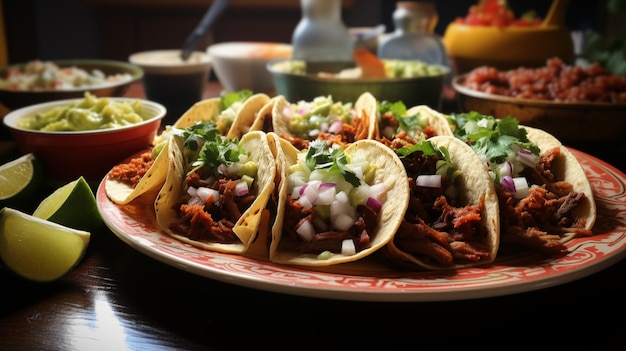 メキシコのタコと牛肉とグアカモレがテーブルに