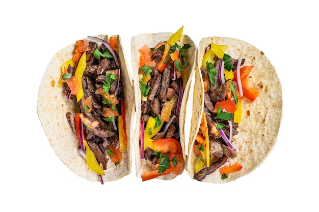 Mexican tacos with beef meat onion and sweet pepper Isolated on white background