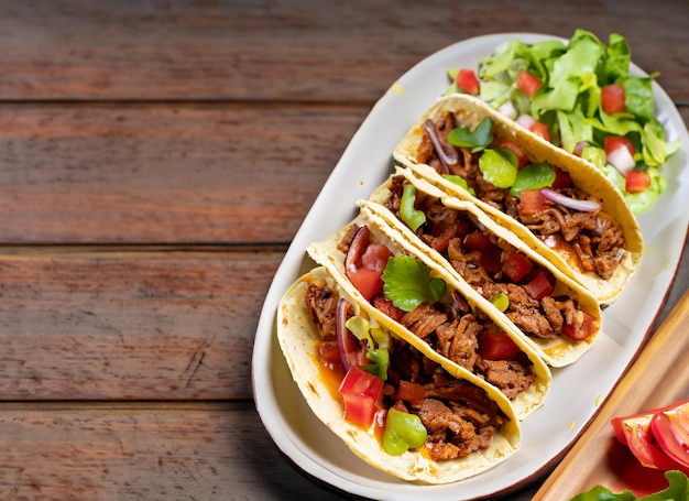 Mexican Tacos With Beef In Tomate And Salad On Wooden Table