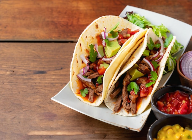 Mexican Tacos With Beef In Tomate And Salad On Wooden Table