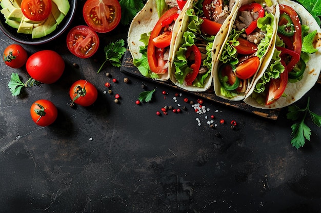 Mexican tacos with beef tomato and avocado on black background Top view