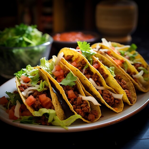 Mexican tacos with beef tomato and cilantro on wooden background