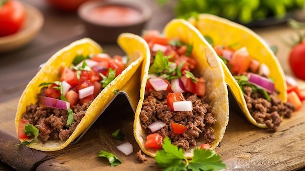 mexican tacos with beef in tomato sauce and salsa Closeup