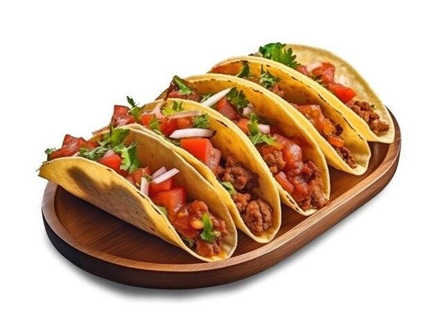 Mexican tacos with beef in tomato sauce and salsa isolated on a white background