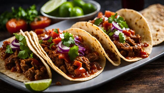 Foto tacos messicani con manzo in salsa di pomodoro e salsa