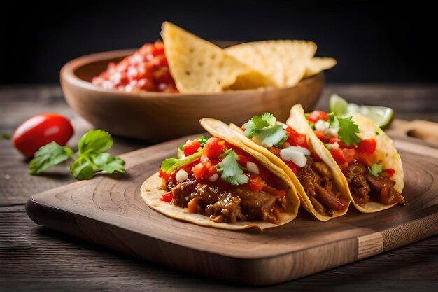 Mexican tacos with beef in tomato sauce and salsa