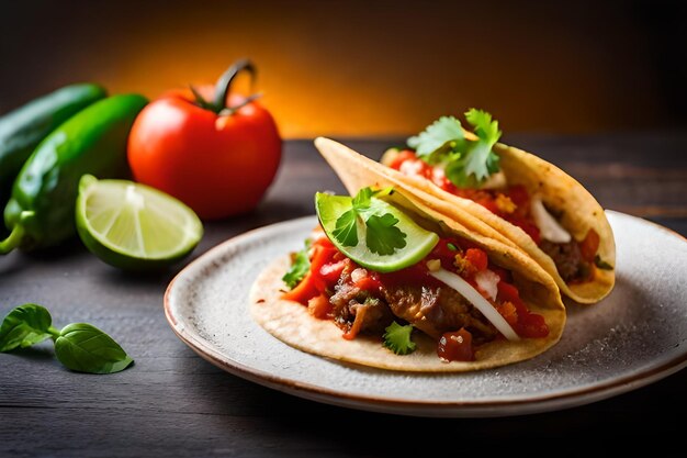 Mexican tacos with beef in tomato sauce and salsa