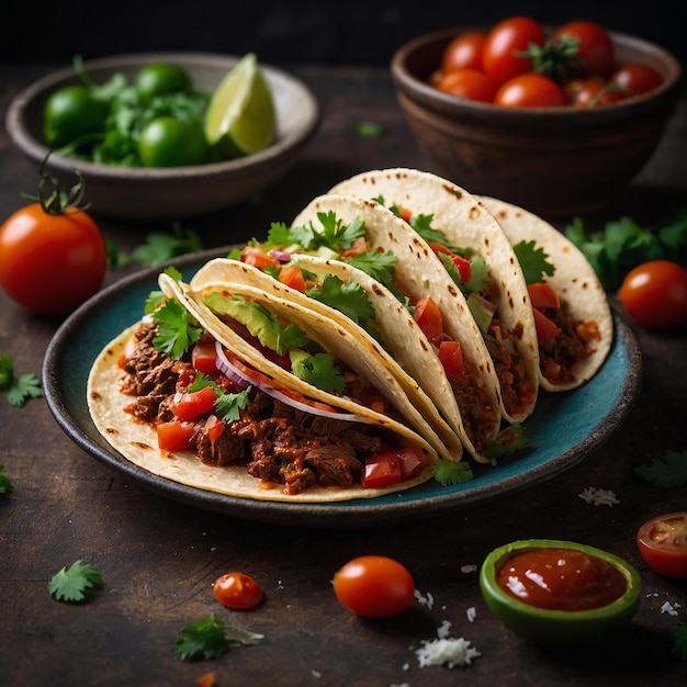 Mexican tacos with beef in tomato sauce and salsa