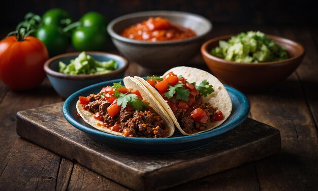 Mexican tacos with beef in tomato sauce and salsa