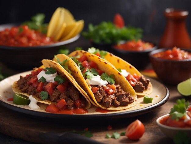 Photo mexican tacos with beef in tomato sauce and salsa