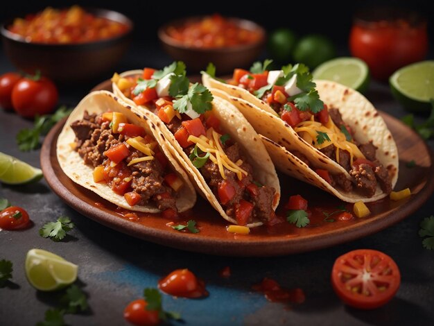 Photo mexican tacos with beef in tomato sauce and salsa