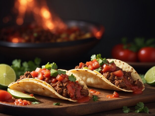 Photo mexican tacos with beef in tomato sauce and salsa