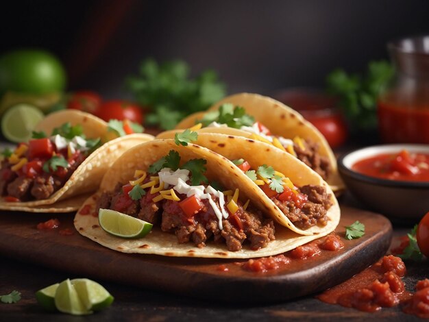 Photo mexican tacos with beef in tomato sauce and salsa